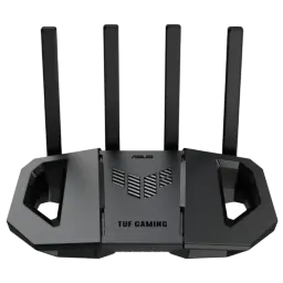 Vista frontal del router ASUS TUF Gaming BE3600 con diseño de cuatro antenas