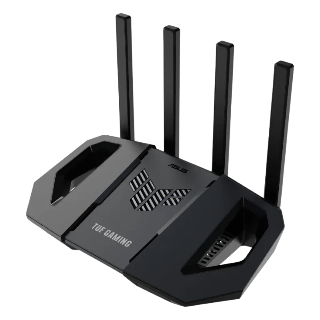 Vista frontal del router ASUS TUF Gaming BE3600 con diseño de cuatro antenas - Ítem1