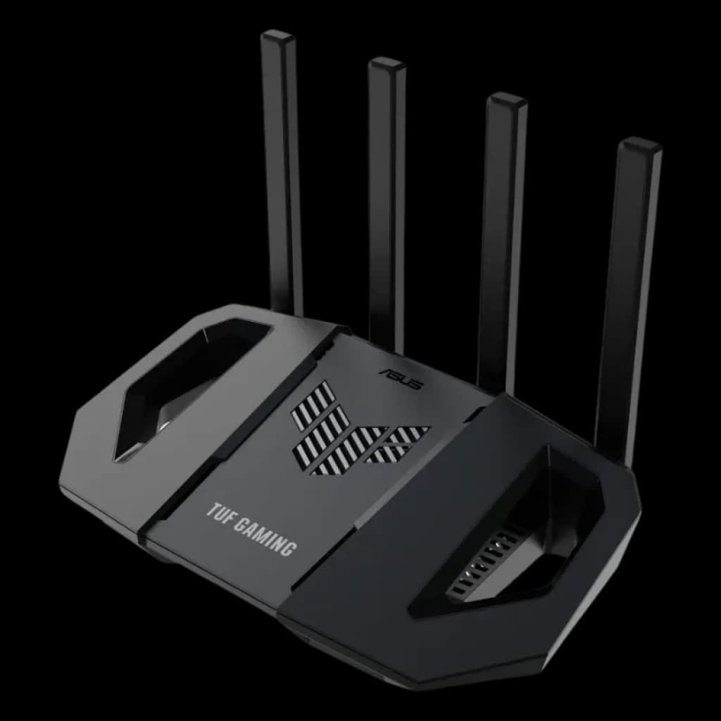 Router ASUS TUF Gaming BE3600 WiFi 7 con diseño negro angular, cuatro antenas altas, rejillas laterales y acabado robusto enfocado a gaming