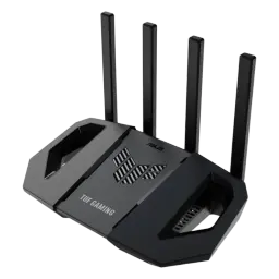 Router ASUS TUF Gaming BE3600 WiFi 7 con diseño negro angular, cuatro antenas altas, rejillas laterales y acabado robusto enfocado a gaming