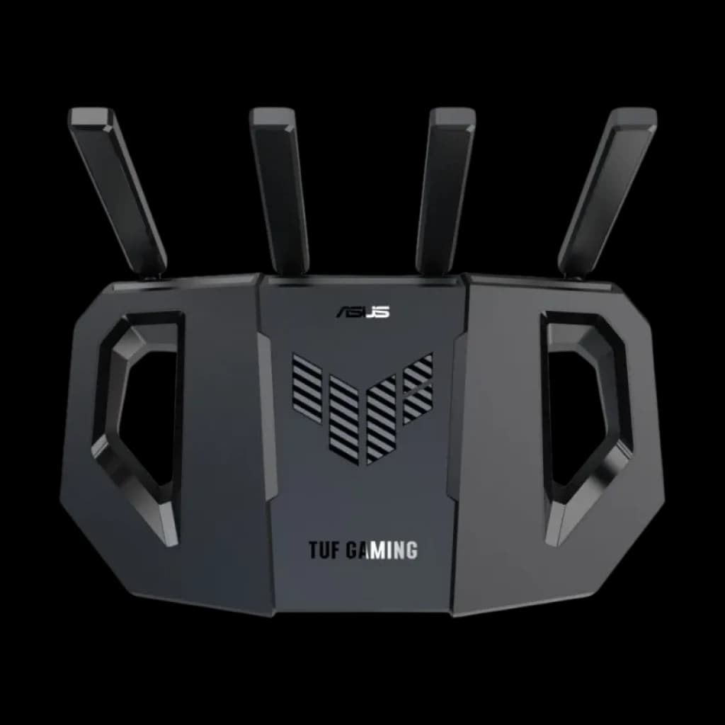 Detalle de las rejillas de ventilación y chasis del router TUF BE3600