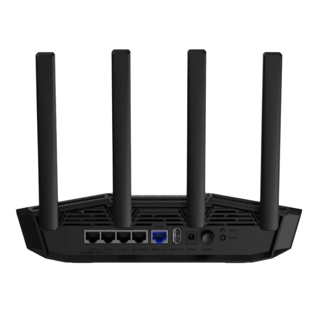 Vista frontal del router ASUS TUF Gaming BE3600 con diseño de cuatro antenas - Ítem3