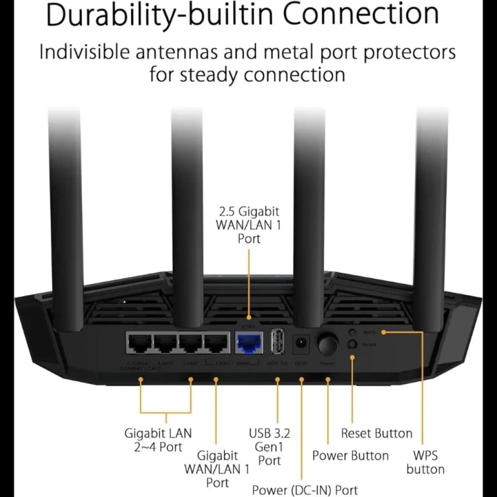 ASUS TUF Gaming BE3600 WiFi 7, router negro con 4 antenas, puertos WAN/LAN 2.5G y Gigabit, USB 3.2 Gen1, botones WPS y reset