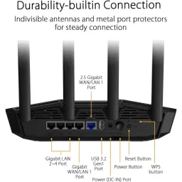ASUS TUF Gaming BE3600 WiFi 7, router negro con 4 antenas, puertos WAN/LAN 2.5G y Gigabit, USB 3.2 Gen1, botones WPS y reset