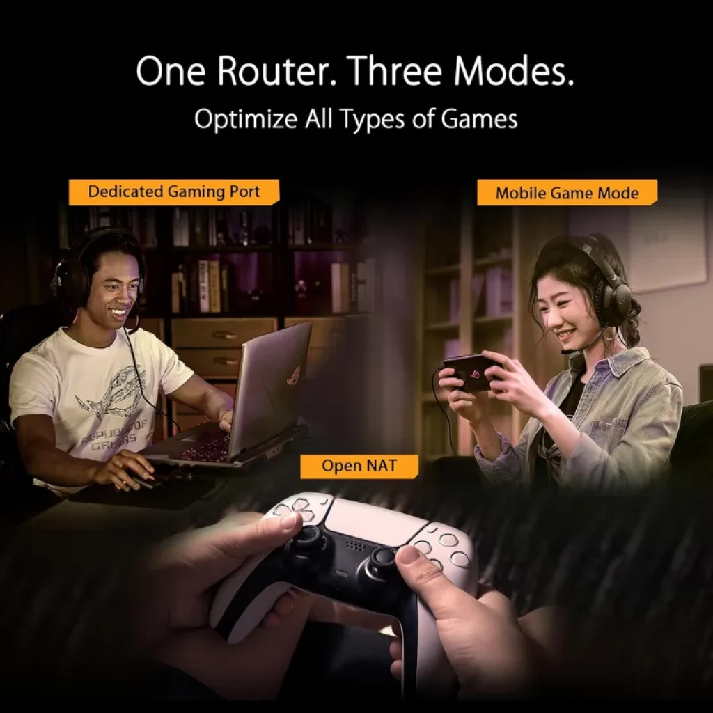 Vista frontal del router ASUS TUF Gaming BE3600 con diseño de cuatro antenas - Ítem6