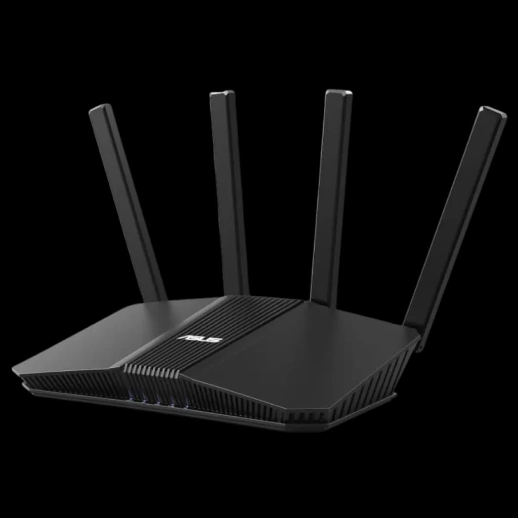Routeur ASUS RT-BE58U noir avec 4 antennes externes, design angulaire, voyants LED à l'avant et ports à l'arrière