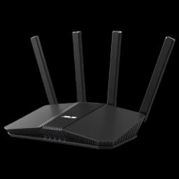 Routeur ASUS RT-BE58U noir avec 4 antennes externes, design angulaire, voyants LED à l'avant et ports à l'arrière