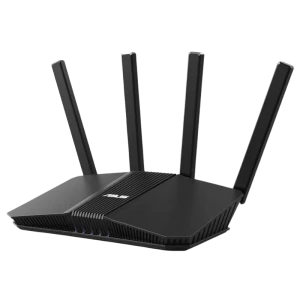 Router ASUS RT-BE58U negro con 4 antenas externas, diseño angular, luces LED frontales y puertos traseros