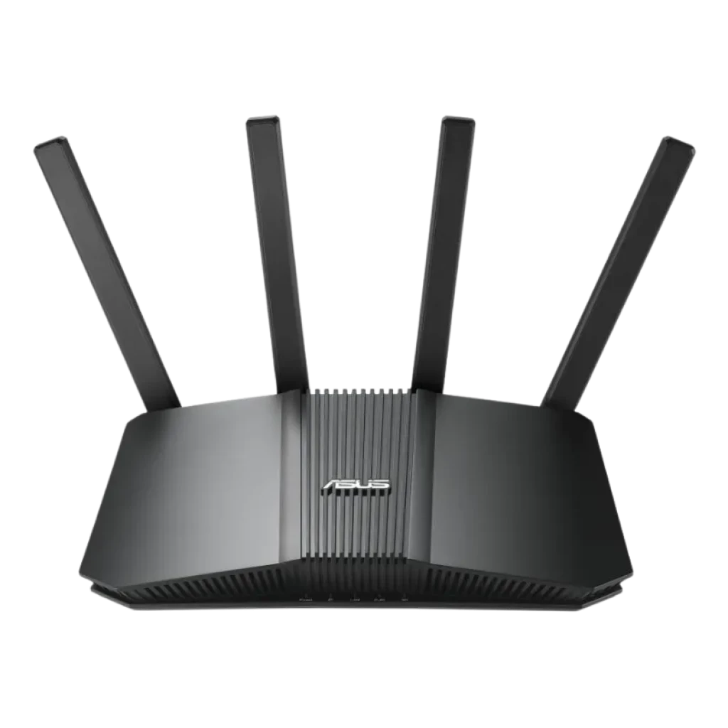 Routeur ASUS RT-BE58U noir avec 4 antennes externes, design angulaire, voyants LED à l'avant et ports à l'arrière - Ítem1
