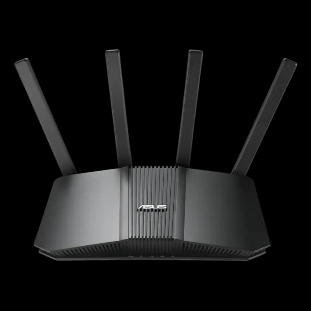 ASUS RT-BE58U WiFi 7 compatible avec AiMesh, routeur double bande noir avec quatre antennes externes, design angulaire et logo ASUS à l'avant
