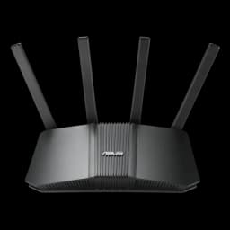 ASUS RT-BE58U WiFi 7 compatible avec AiMesh, routeur double bande noir avec quatre antennes externes, design angulaire et logo ASUS à l'avant