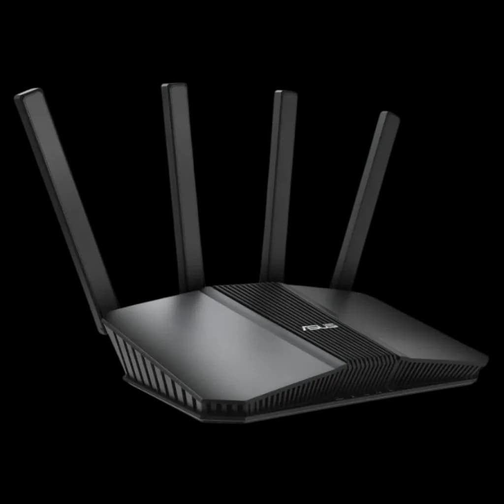 Routeur ASUS RT-BE58U WiFi 7 double bande, design noir angulaire avec quatre antennes externes réglables et grilles d'aération latérales