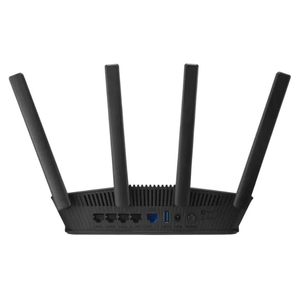 Routeur ASUS RT-BE58U noir avec 4 antennes externes, design angulaire, voyants LED à l'avant et ports à l'arrière - Ítem3