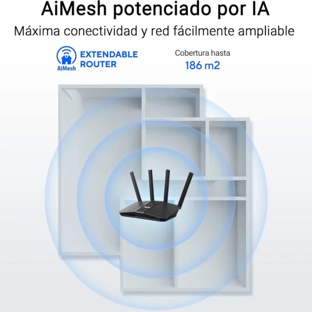 Routeur ASUS RT-BE58U WiFi 7 avec quatre antennes externes, design noir angulaire, couverture jusqu'à 186 m² et compatibilité AiMesh pour un réseau extensible