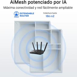 Routeur ASUS RT-BE58U WiFi 7 avec quatre antennes externes, design noir angulaire, couverture jusqu'à 186 m² et compatibilité AiMesh pour un réseau extensible