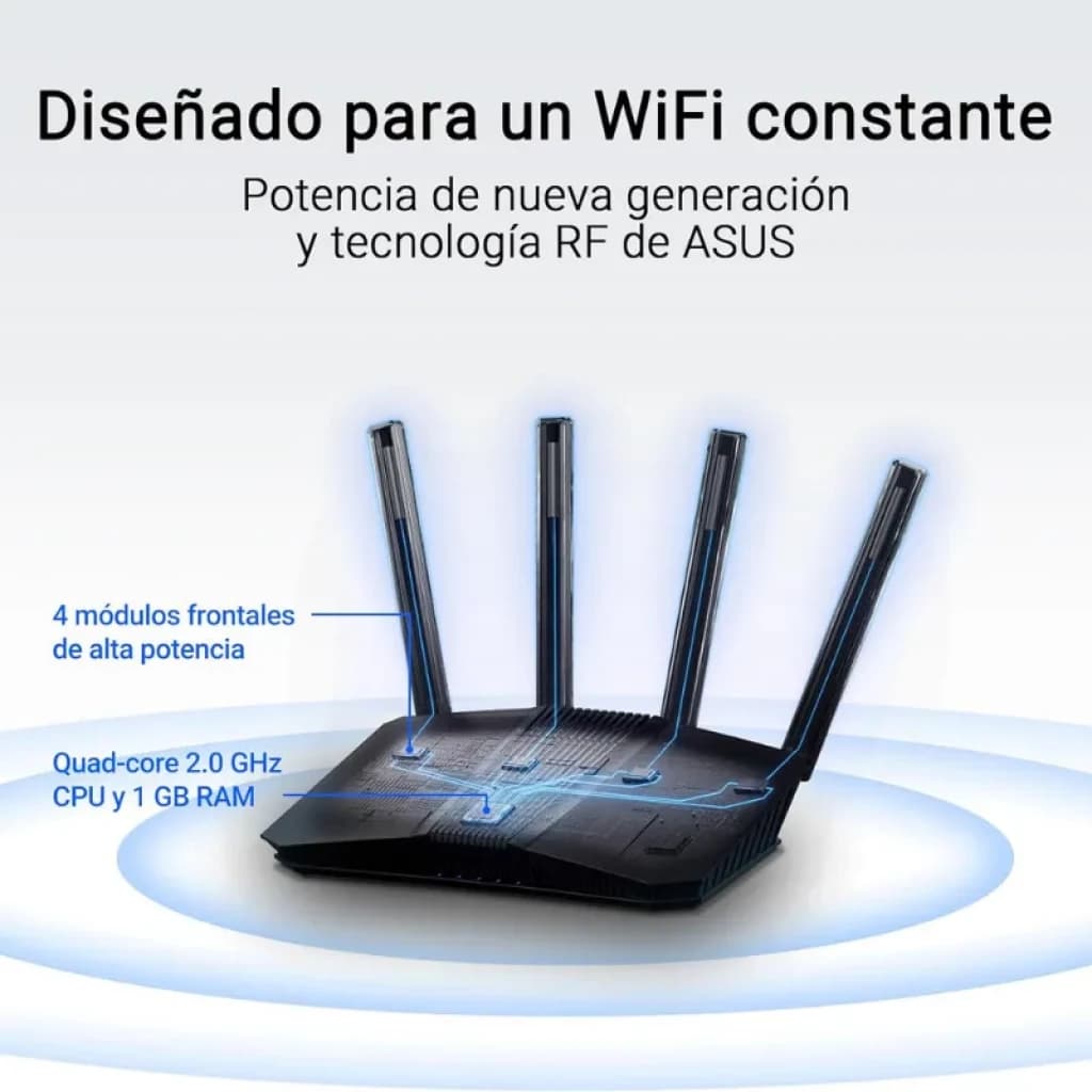 Routeur ASUS RT-BE58U WiFi 7 noir avec 4 antennes hautes, voyants LED bleus, design angulaire et grilles d'aération ; double bande et aspect robuste