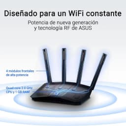 Routeur ASUS RT-BE58U WiFi 7 noir avec 4 antennes hautes, voyants LED bleus, design angulaire et grilles d'aération ; double bande et aspect robuste