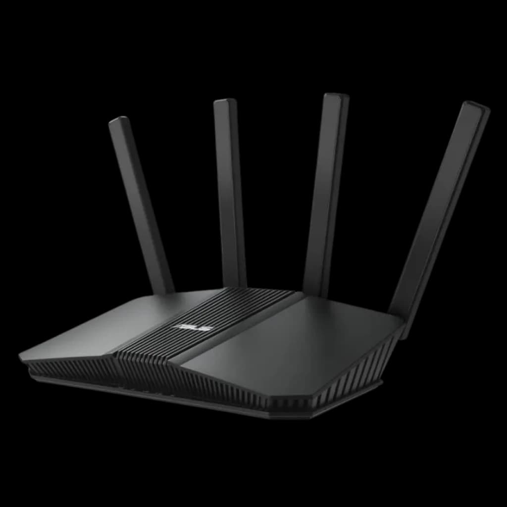 ASUS RT-BE55 WiFi 7 compatible con AiMesh, router negro de doble banda con cuatro antenas externas y diseño angular