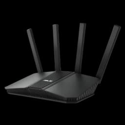 ASUS RT-BE55 WiFi 7 compatible con AiMesh, router negro de doble banda con cuatro antenas externas y diseño angular