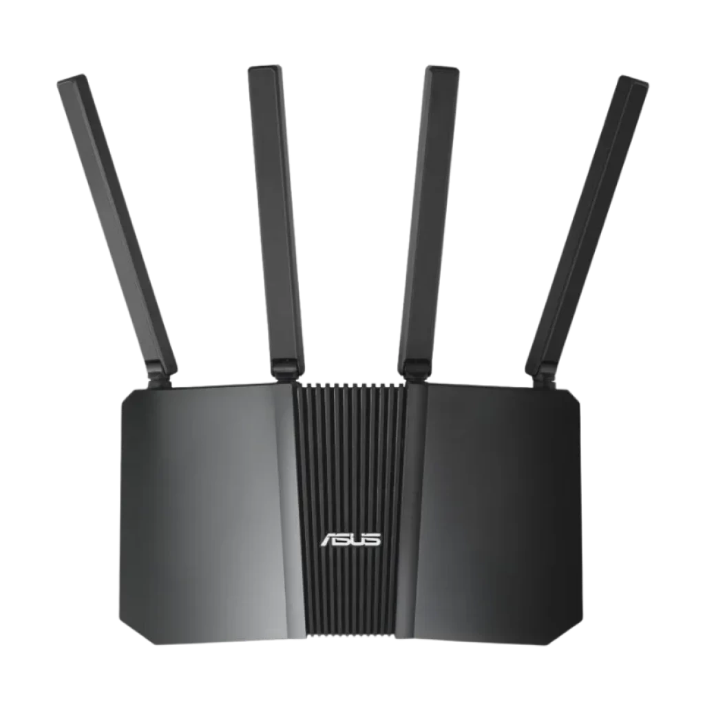 ASUS RT-BE55 WiFi 7 compatible avec AiMesh, routeur noir double bande avec quatre antennes externes et design angulaire - Ítem1