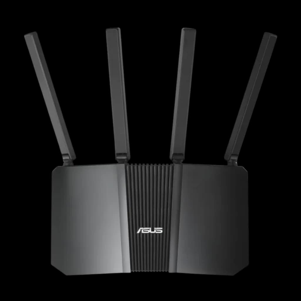 ASUS RT-BE55 WiFi 7 compatible con AiMesh, router negro de doble banda con cuatro antenas externas ajustables y diseño angular con logo ASUS central