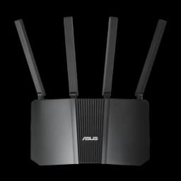 ASUS RT-BE55 WiFi 7 compatible con AiMesh, router negro de doble banda con cuatro antenas externas ajustables y diseño angular con logo ASUS central