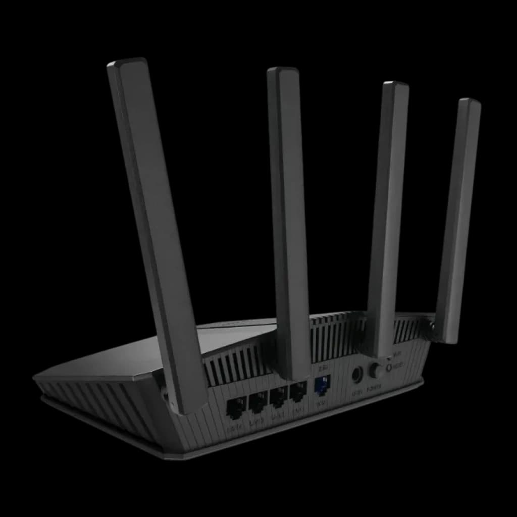 Router ASUS RT-BE55 WiFi 7 de doble banda con 4 antenas externas ajustables, carcasa negra angular, puertos Ethernet y USB traseros