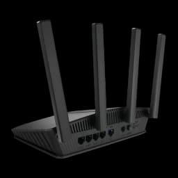 Router ASUS RT-BE55 WiFi 7 de doble banda con 4 antenas externas ajustables, carcasa negra angular, puertos Ethernet y USB traseros