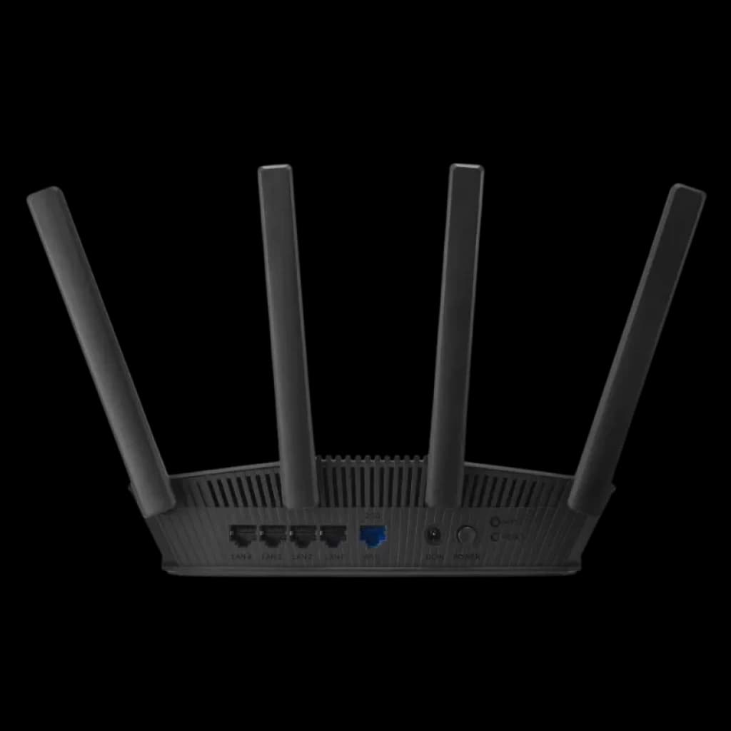 ASUS RT-BE55 WiFi 7 compatible con AiMesh, router negro de doble banda con 4 antenas externas, puertos Ethernet traseros y diseño de rejillas de ventilación