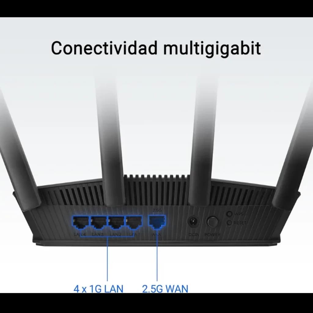 ASUS RT-BE55 WiFi 7 con cuatro antenas, 4 puertos LAN Gigabit, puerto WAN 2.5G, botones WPS y Reset, diseño negro con rejillas de ventilación