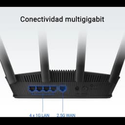 ASUS RT-BE55 WiFi 7 con cuatro antenas, 4 puertos LAN Gigabit, puerto WAN 2.5G, botones WPS y Reset, diseño negro con rejillas de ventilación