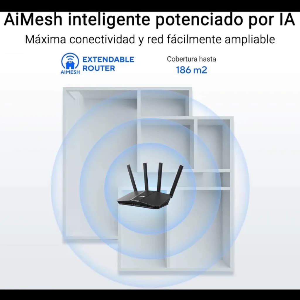 ASUS RT-BE55 WiFi 7 de doble banda con 4 antenas externas, señal amplia y expansión AiMesh, cobertura hasta 186 m2, diseño negro compacto