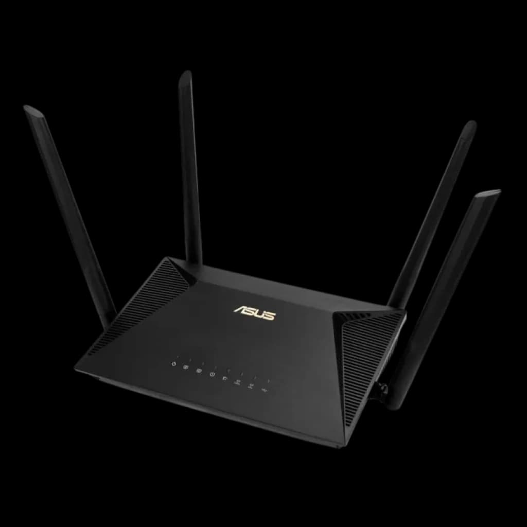 ASUS RT-AX53U AX1800 WiFi 6 en negro mate, cuerpo angular con 4 antenas externas, LEDs frontales de estado y rejillas laterales para ventilación