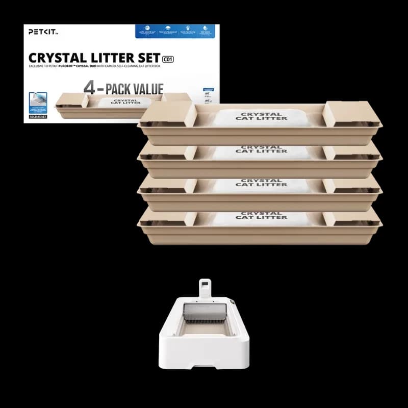 Vista del PETKIT Set de Arena Cristalina para Gatos Azul + Bandejas Reemplazables (Pack x4) con imagen del arenero autolimpiable compatible