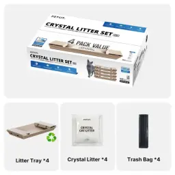 Contenido de la caja del PETKIT Crystal Litter Set, incluye 4 bandejas, 4 bolsas de arena y 4 bolsas para desechos