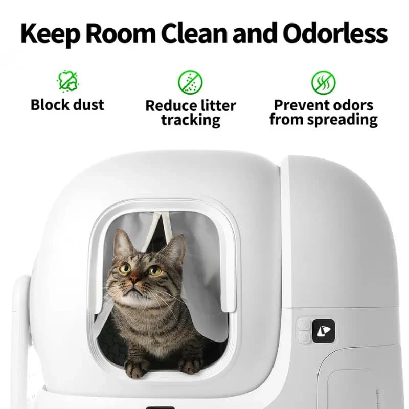 Funciones principales de la PETKIT Cortina magnética antipolvo 2.0, se observa el arenero compatible con un gato adentro