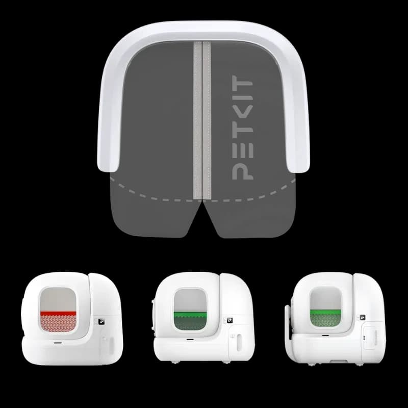 Vista frontal de la PETKIT Cortina magnética antipolvo 2.0 y vista de los areneros PETKIT compatibles