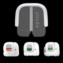 Vista frontal de la PETKIT Cortina magnética antipolvo 2.0 y vista de los areneros PETKIT compatibles