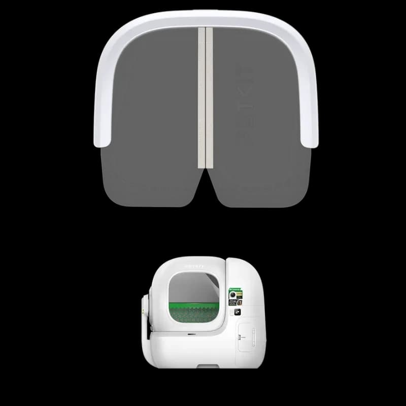 Vista frontal de la PETKIT Cortina magnética antipolvo 3.0 y vista del arenero Purobot Max Pro 2 compatible