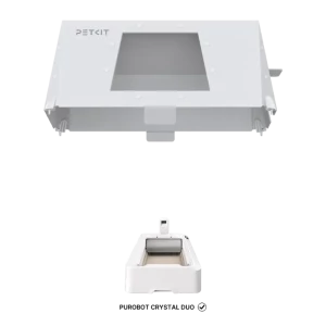 Vue du PETKIT Front Entry Hood avec illustration du bac à sable autonettoyant compatible