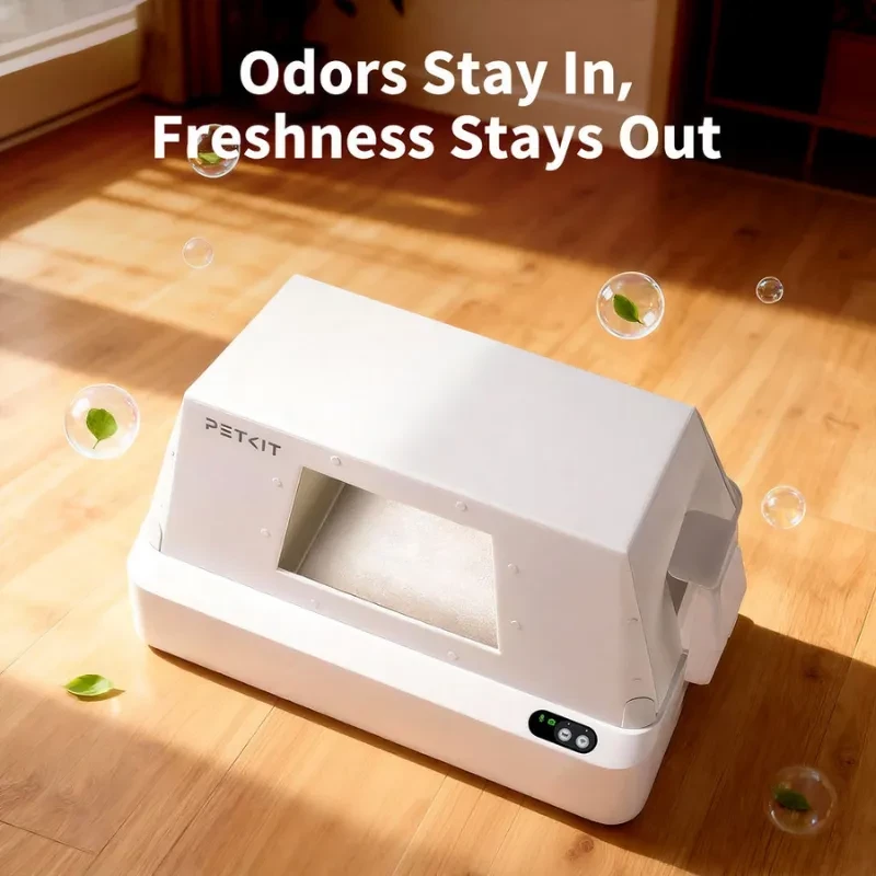 Vue du PETKIT Front Entry Hood avec illustration du bac à sable autonettoyant compatible - Ítem1