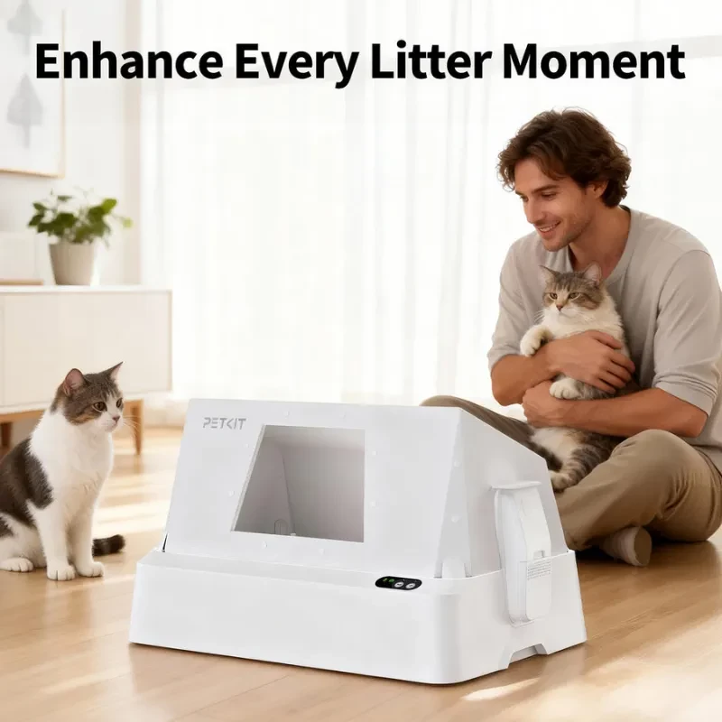 Vue du PETKIT Front Entry Hood avec illustration du bac à sable autonettoyant compatible - Ítem6