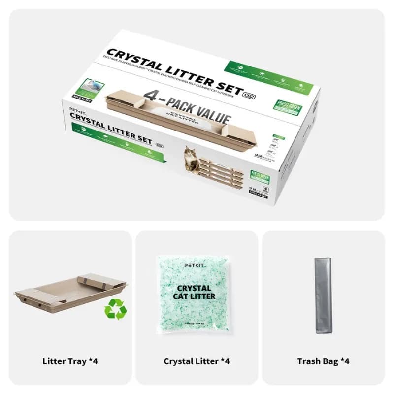 Contenido de la caja del PETKIT Crystal Litter Set, incluye 4 bandejas, 4 bolsas de arena y 4 bolsas para desechos