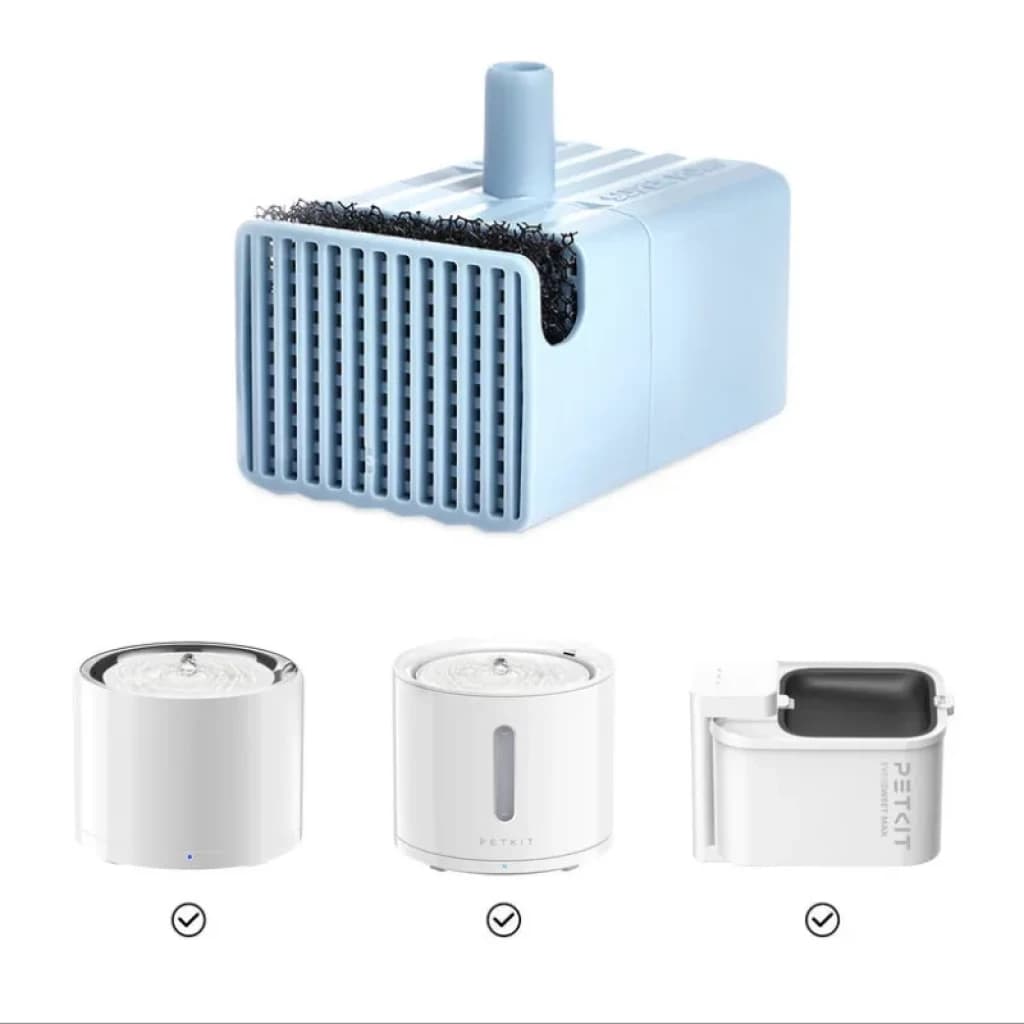 Bomba de agua inalámbrica azul con filtro frontal y boquilla, vista de bebederos compatibles