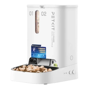 Produto: alimentador automático PETKIT branco com dois reservatórios visíveis, bandeja frontal e câmera AI integrada para monitorar porções de ração