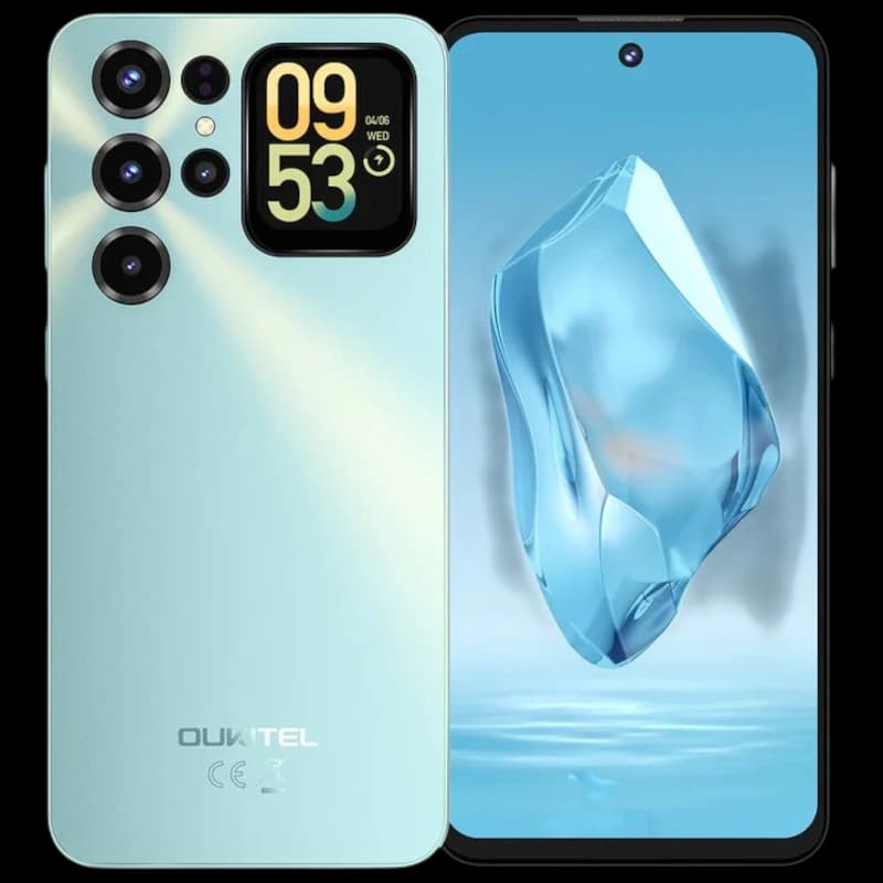 Imagem frontal e traseira do Oukitel C68 Plus, com ecrã traseiro e câmara dupla de 64 MPx, em azul