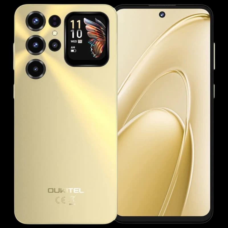 Imagem frontal e traseira do Oukitel C68 Plus, com ecrã traseiro e câmara dupla de 64 MPx, em dourado