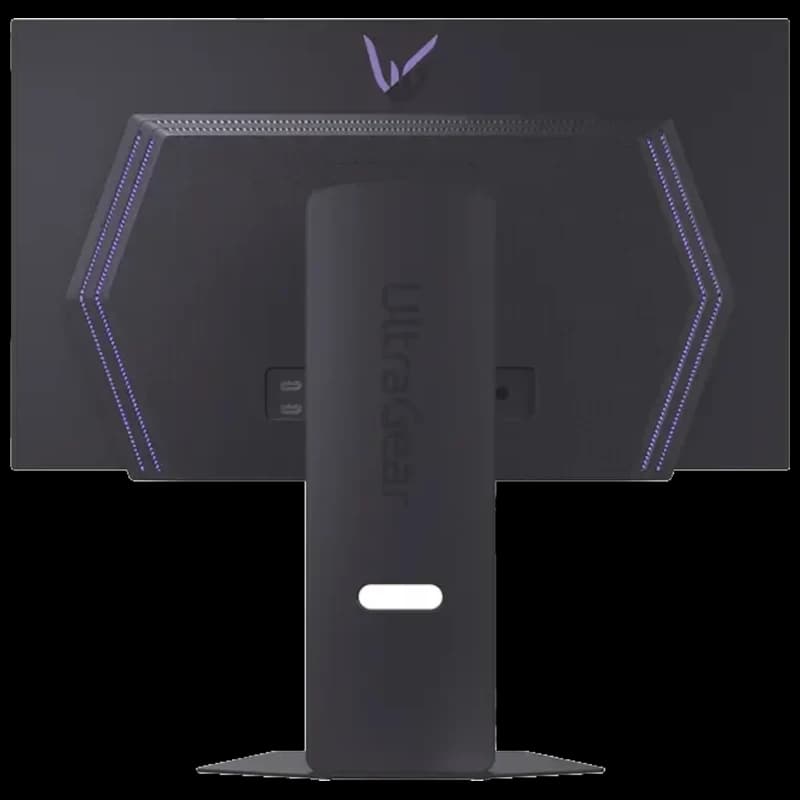 LG 27GX700A-B dos du moniteur gaming 26,5 pouces avec LED violettes, logo UltraGear, pied central robuste, ports arrière accessibles, design angulaire noir
