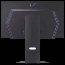LG 27GX700A-B dos du moniteur gaming 26,5 pouces avec LED violettes, logo UltraGear, pied central robuste, ports arrière accessibles, design angulaire noir
