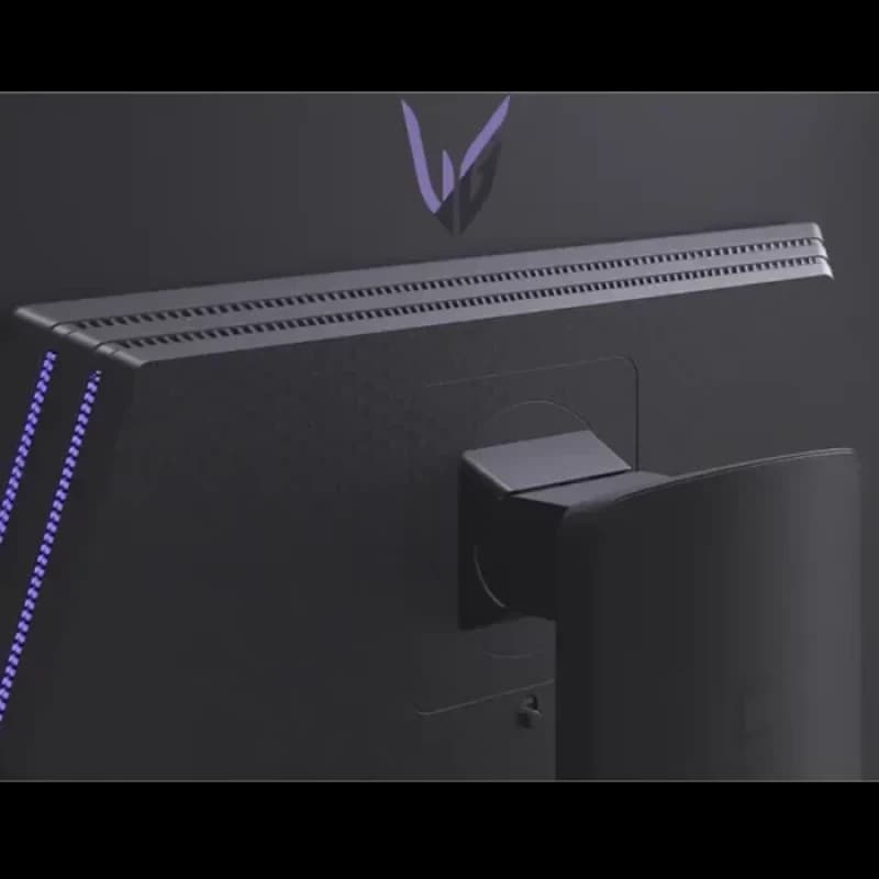 LG 27GX700A-B affiché de dos avec bandes LED violettes, motif texturé, support robuste réglable et logo V rétroéclairé pour setup gaming élégant